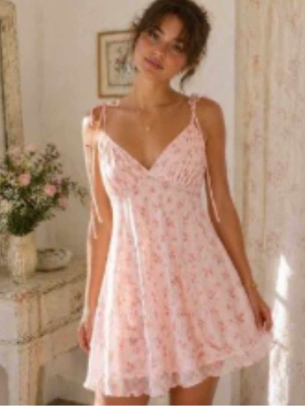 See you Monday Pink Floral Slip Dres with Tie Shoulders Babydoll Size Large